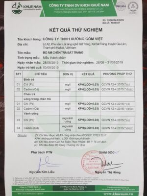 Kết quả thử nghiệm trên ấm chén