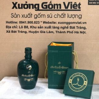 Nậm rượu gốm sứ bát tràng màu xanh ngọc bích in logo