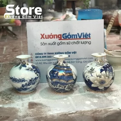 Ba bình hút lộc nền sáng có họa tiết chim hoa và thuyền